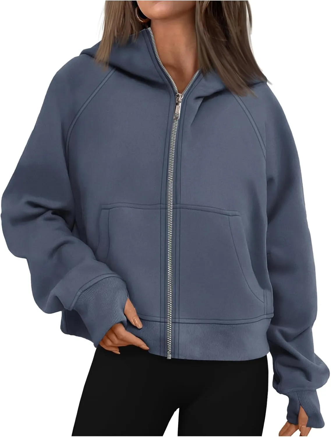 Womens Zip Up Hoodies Cropped Sweatshirts Fleece Jackets Fall Fashion Outfits Sweaters Winter Clothes Thumb Hole