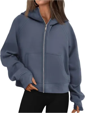 Womens Zip Up Hoodies Cropped Sweatshirts Fleece Jackets Fall Fashion Outfits Sweaters Winter Clothes Thumb Hole