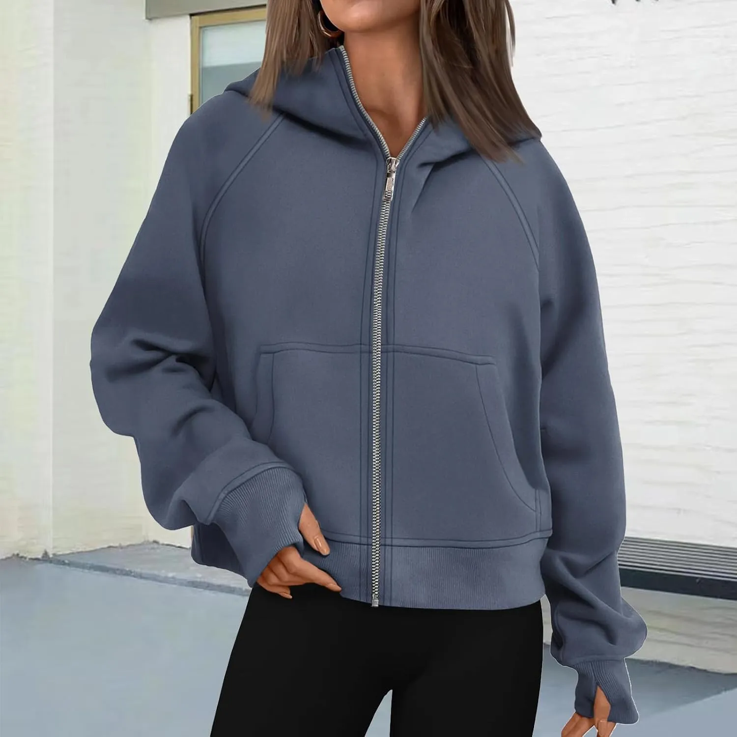 Womens Zip Up Hoodies Cropped Sweatshirts Fleece Jackets Fall Fashion Outfits Sweaters Winter Clothes Thumb Hole