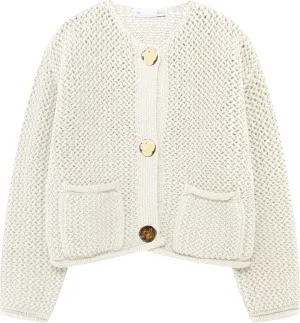 Wyeysyt Womens Cropped Cardigan Sweaters Chunky Knit Gold Button Down Open Front Cardigan Long Sleeve Crop Crochet Sweaters
