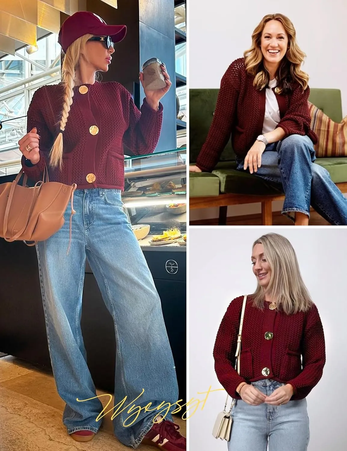 Wyeysyt Womens Cropped Cardigan Sweaters Chunky Knit Gold Button Down Open Front Cardigan Long Sleeve Crop Crochet Sweaters