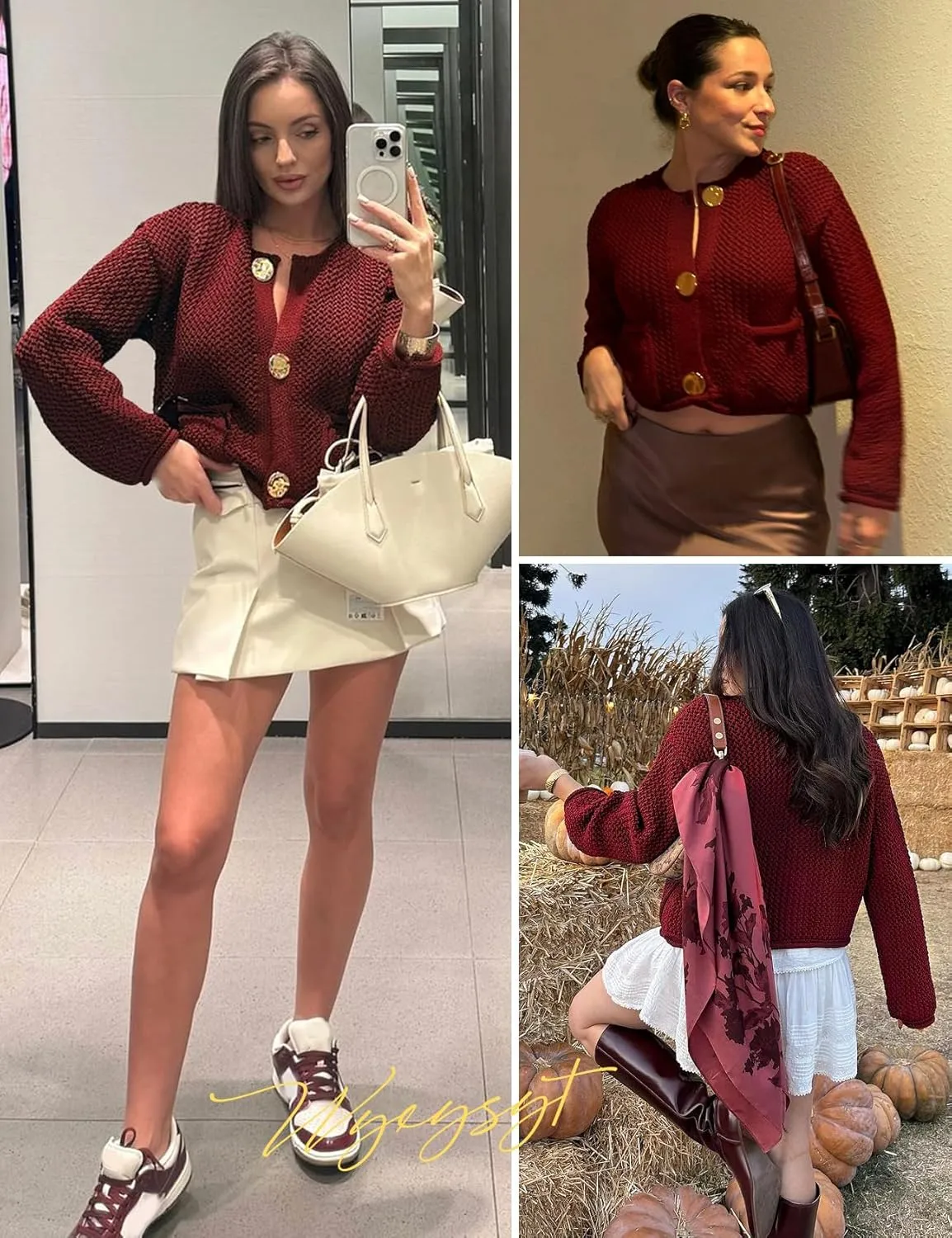 Wyeysyt Womens Cropped Cardigan Sweaters Chunky Knit Gold Button Down Open Front Cardigan Long Sleeve Crop Crochet Sweaters
