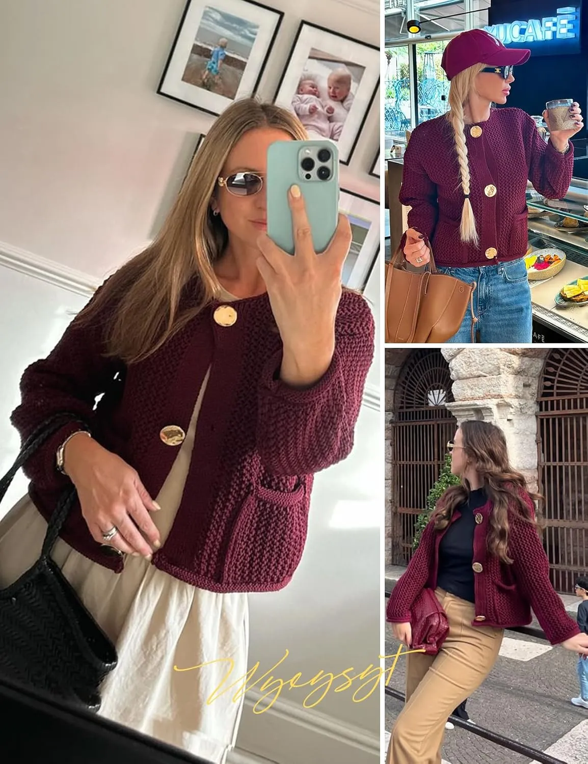 Wyeysyt Womens Cropped Cardigan Sweaters Chunky Knit Gold Button Down Open Front Cardigan Long Sleeve Crop Crochet Sweaters