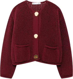 Wyeysyt Womens Cropped Cardigan Sweaters Chunky Knit Gold Button Down Open Front Cardigan Long Sleeve Crop Crochet Sweaters