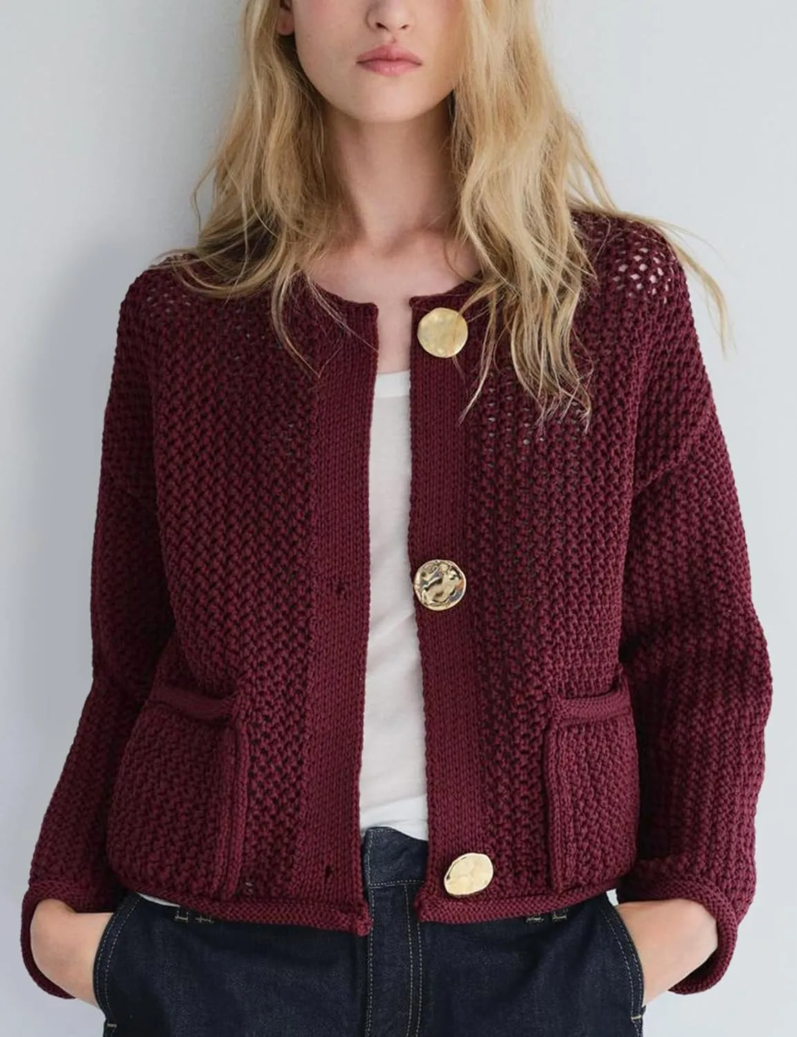Wyeysyt Womens Cropped Cardigan Sweaters Chunky Knit Gold Button Down Open Front Cardigan Long Sleeve Crop Crochet Sweaters