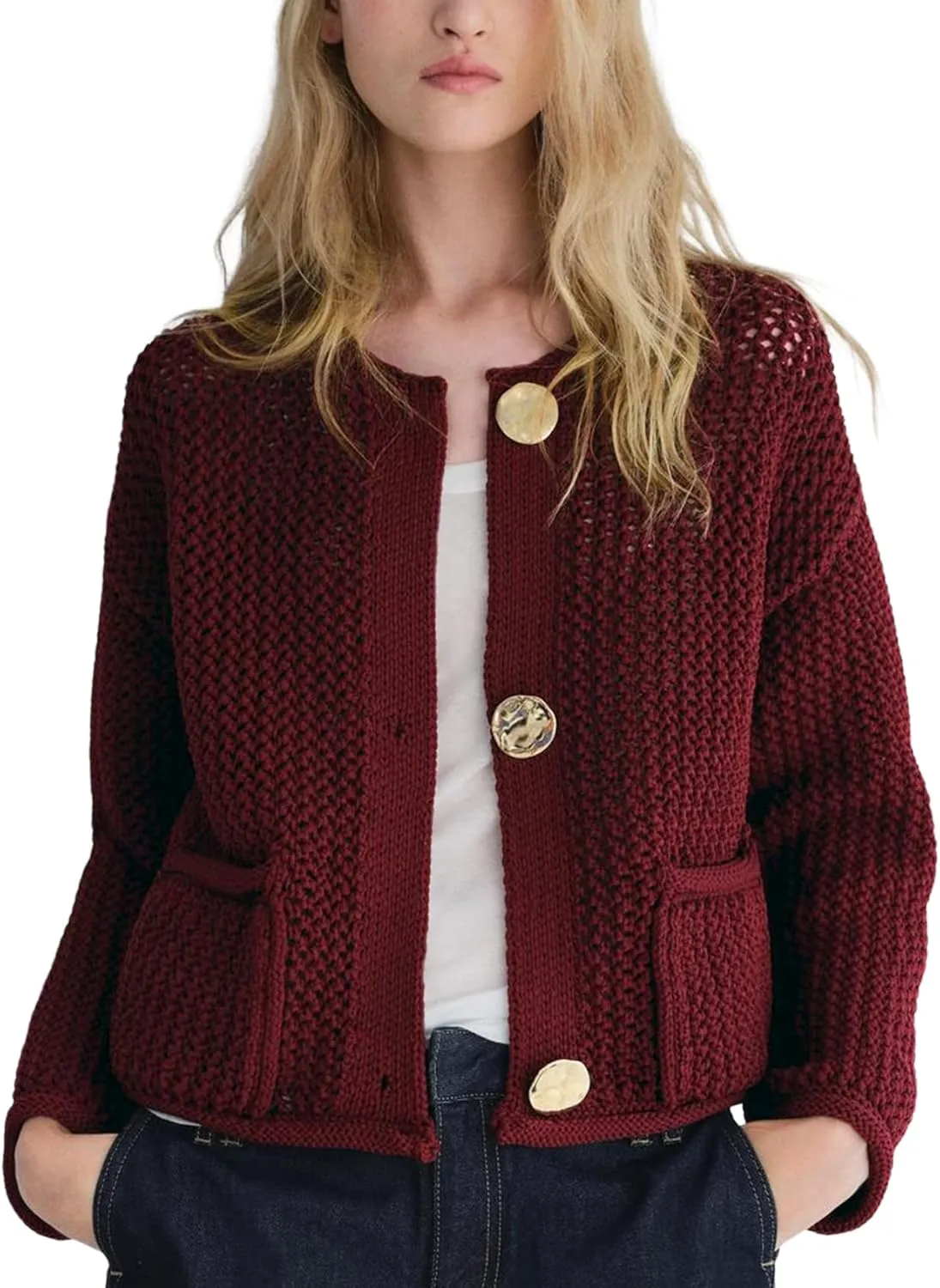 Wyeysyt Womens Cropped Cardigan Sweaters Chunky Knit Gold Button Down Open Front Cardigan Long Sleeve Crop Crochet Sweaters