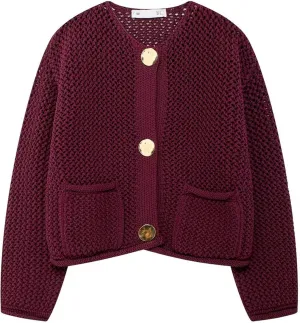 Wyeysyt Womens Cropped Cardigan Sweaters Chunky Knit Gold Button Down Open Front Cardigan Long Sleeve Crop Crochet Sweaters