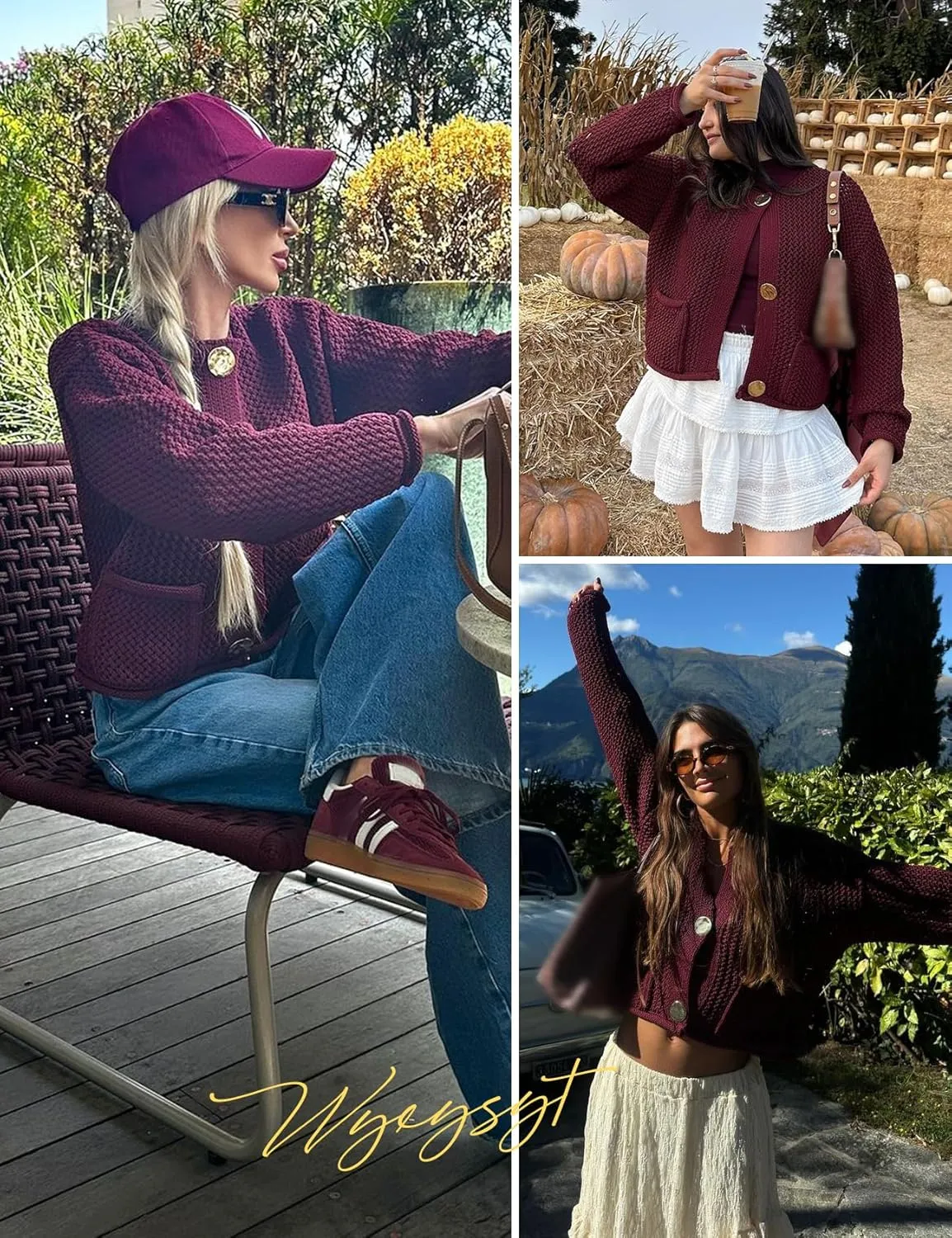 Wyeysyt Womens Cropped Cardigan Sweaters Chunky Knit Gold Button Down Open Front Cardigan Long Sleeve Crop Crochet Sweaters