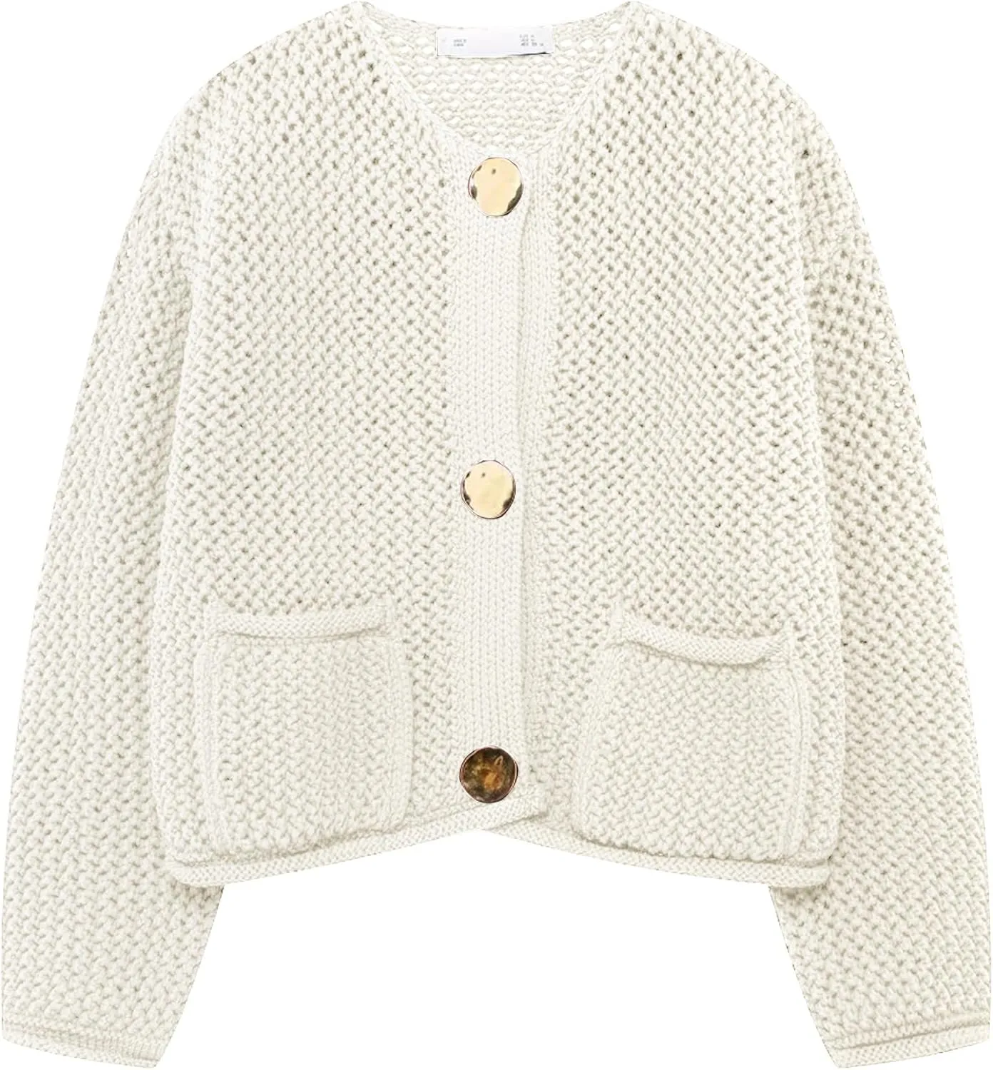 Wyeysyt Womens Cropped Cardigan Sweaters Chunky Knit Gold Button Down Open Front Cardigan Long Sleeve Crop Crochet Sweaters
