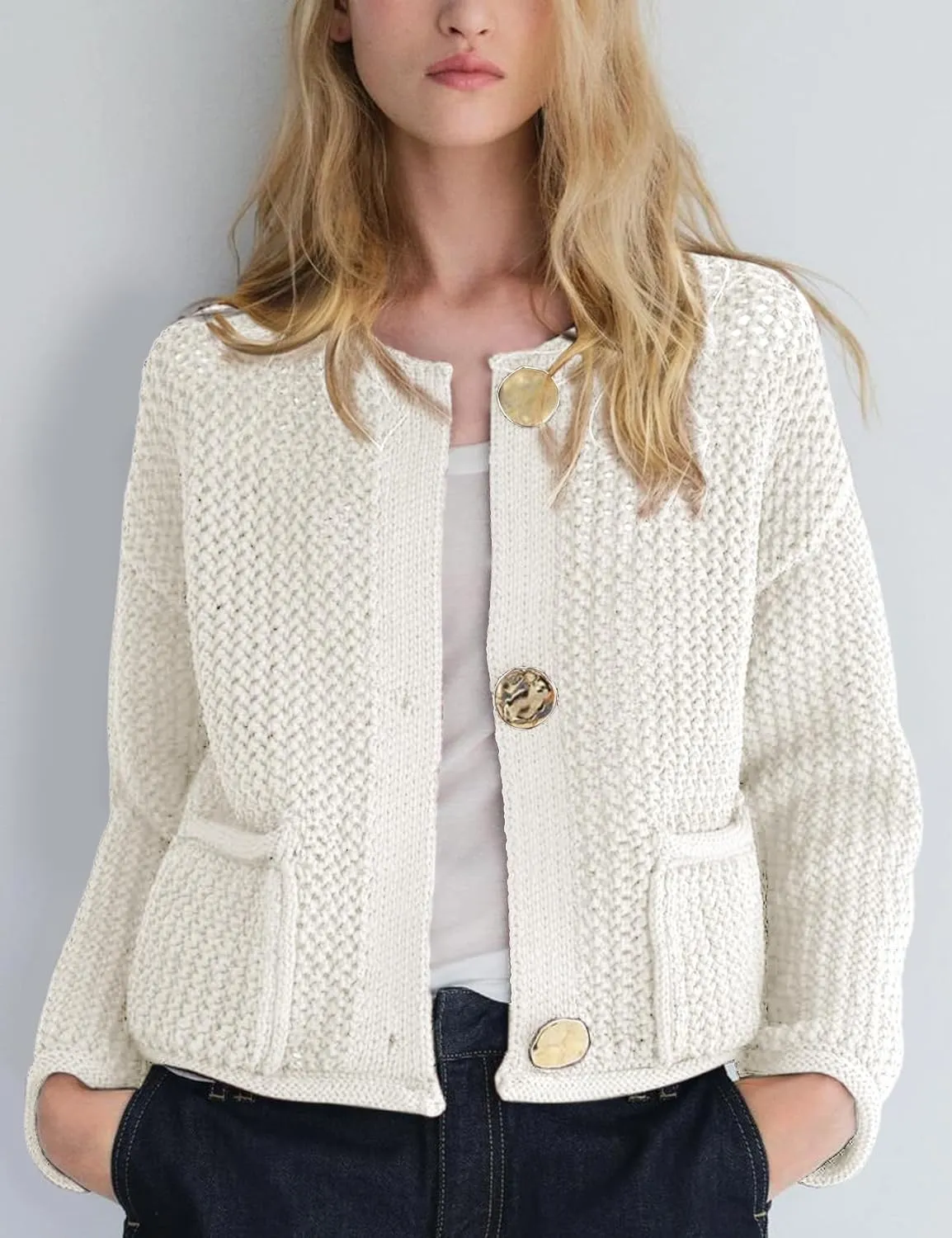 Wyeysyt Womens Cropped Cardigan Sweaters Chunky Knit Gold Button Down Open Front Cardigan Long Sleeve Crop Crochet Sweaters