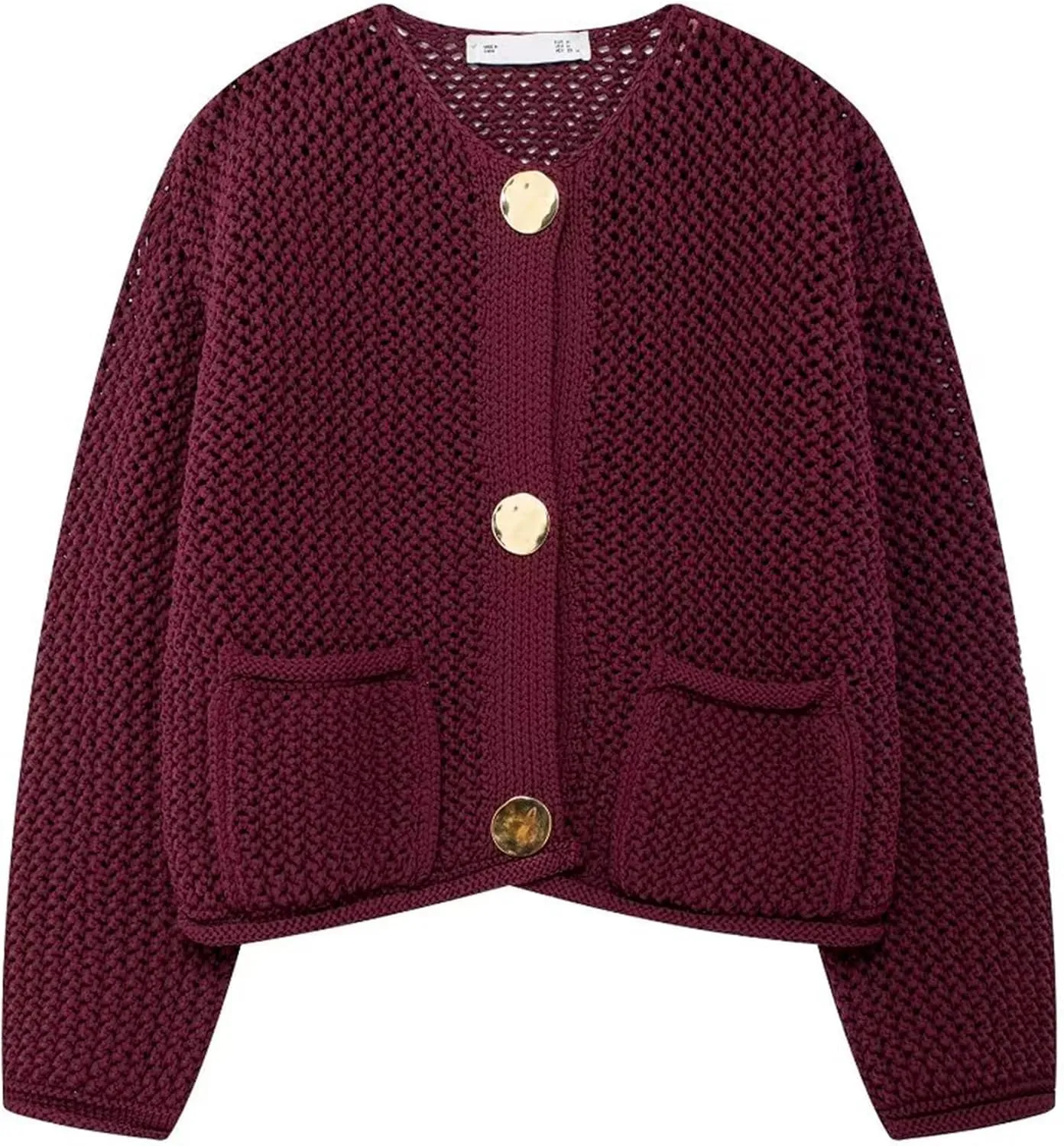 Wyeysyt Womens Cropped Cardigan Sweaters Chunky Knit Gold Button Down Open Front Cardigan Long Sleeve Crop Crochet Sweaters