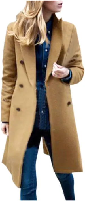 XUNRYAN Womens Wool-Blend Trench Coats Long Sleeve Jackets Casual Button Peacoats Elegant Blazer Suit Notch Lapel Slim Outer