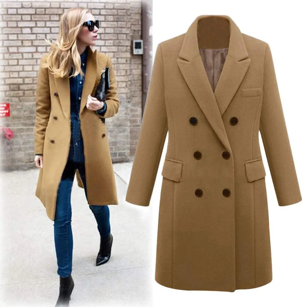 XUNRYAN Womens Wool-Blend Trench Coats Long Sleeve Jackets Casual Button Peacoats Elegant Blazer Suit Notch Lapel Slim Outer