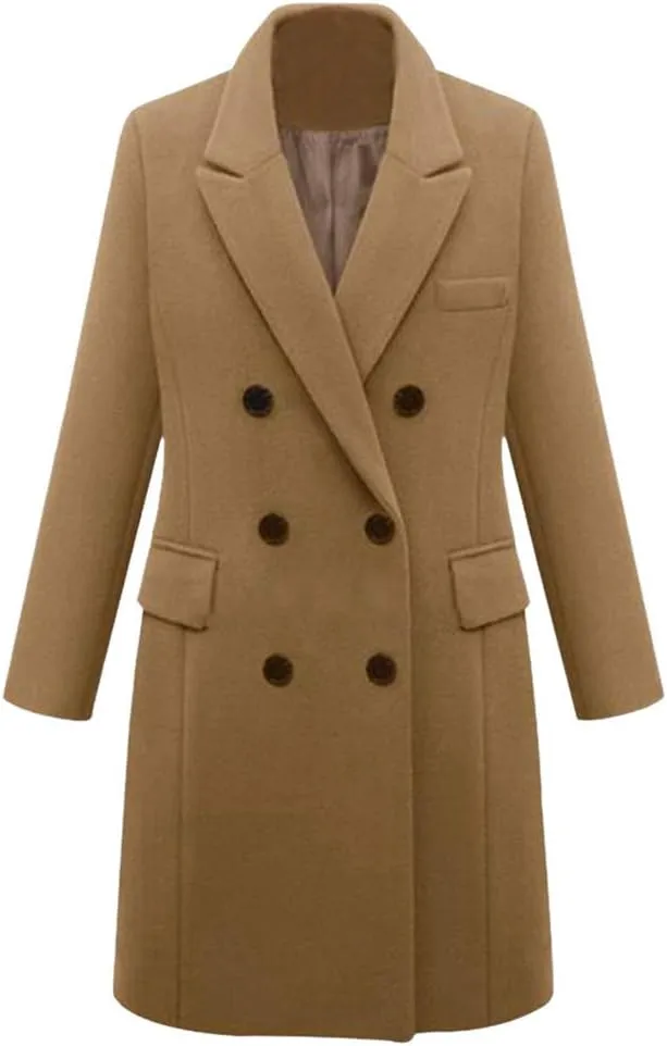 XUNRYAN Womens Wool-Blend Trench Coats Long Sleeve Jackets Casual Button Peacoats Elegant Blazer Suit Notch Lapel Slim Outer