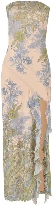 Y2K Tie Dye Flroal Strapless Tube Maxi Dress Off Shoulder Slim Fit Long Dress Bodycon Night Party Vocation Sundress