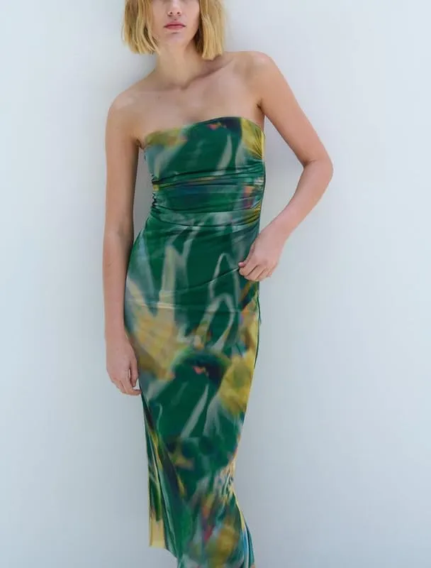 Y2K Tie Dye Flroal Strapless Tube Maxi Dress Off Shoulder Slim Fit Long Dress Bodycon Night Party Vocation Sundress