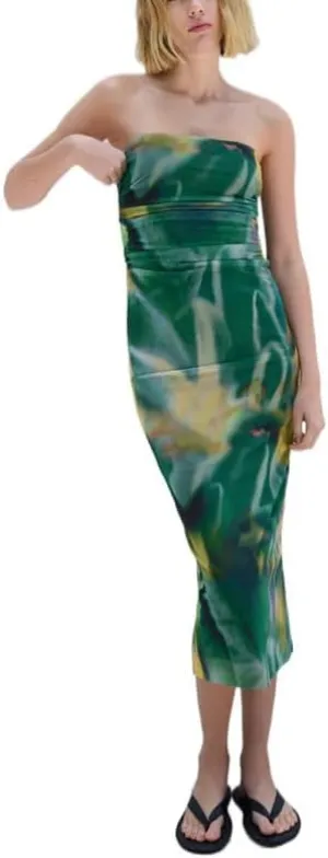 Y2K Tie Dye Flroal Strapless Tube Maxi Dress Off Shoulder Slim Fit Long Dress Bodycon Night Party Vocation Sundress