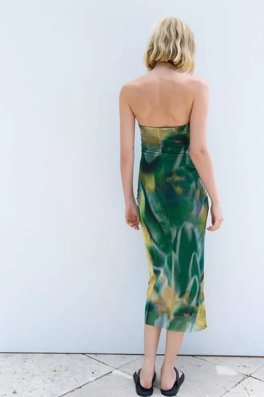 Y2K Tie Dye Flroal Strapless Tube Maxi Dress Off Shoulder Slim Fit Long Dress Bodycon Night Party Vocation Sundress
