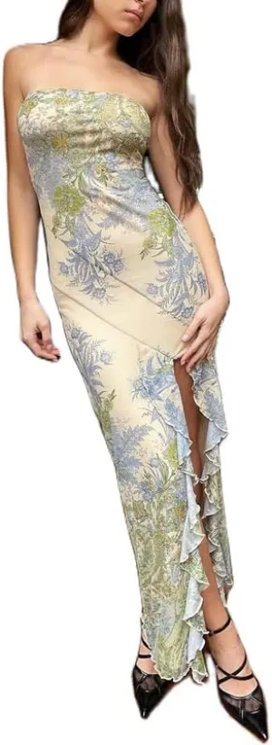 Y2K Tie Dye Flroal Strapless Tube Maxi Dress Off Shoulder Slim Fit Long Dress Bodycon Night Party Vocation Sundress