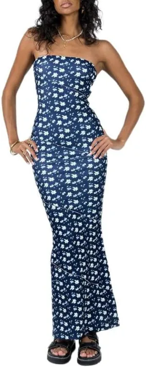 Y2K Tie Dye Flroal Strapless Tube Maxi Dress Off Shoulder Slim Fit Long Dress Bodycon Night Party Vocation Sundress