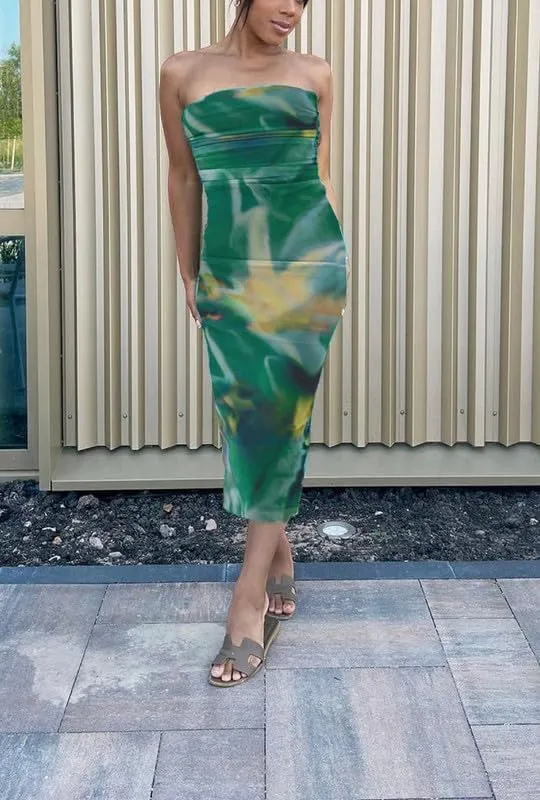 Y2K Tie Dye Flroal Strapless Tube Maxi Dress Off Shoulder Slim Fit Long Dress Bodycon Night Party Vocation Sundress
