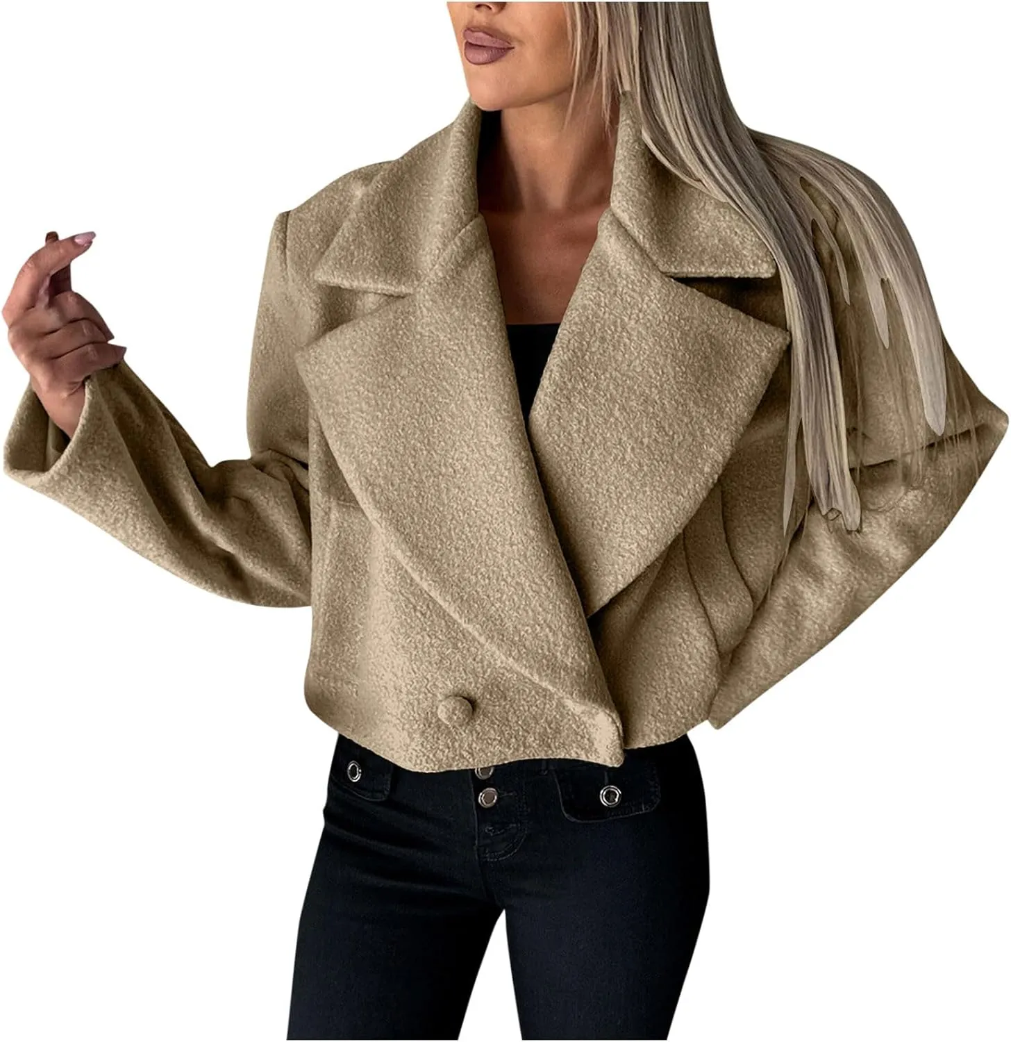 yardsong Cropped Pea Coat Women Wool Blend Notched Lapel Collar Long Sleeve Casual Jackets Fashion Long Sleeve Outwear