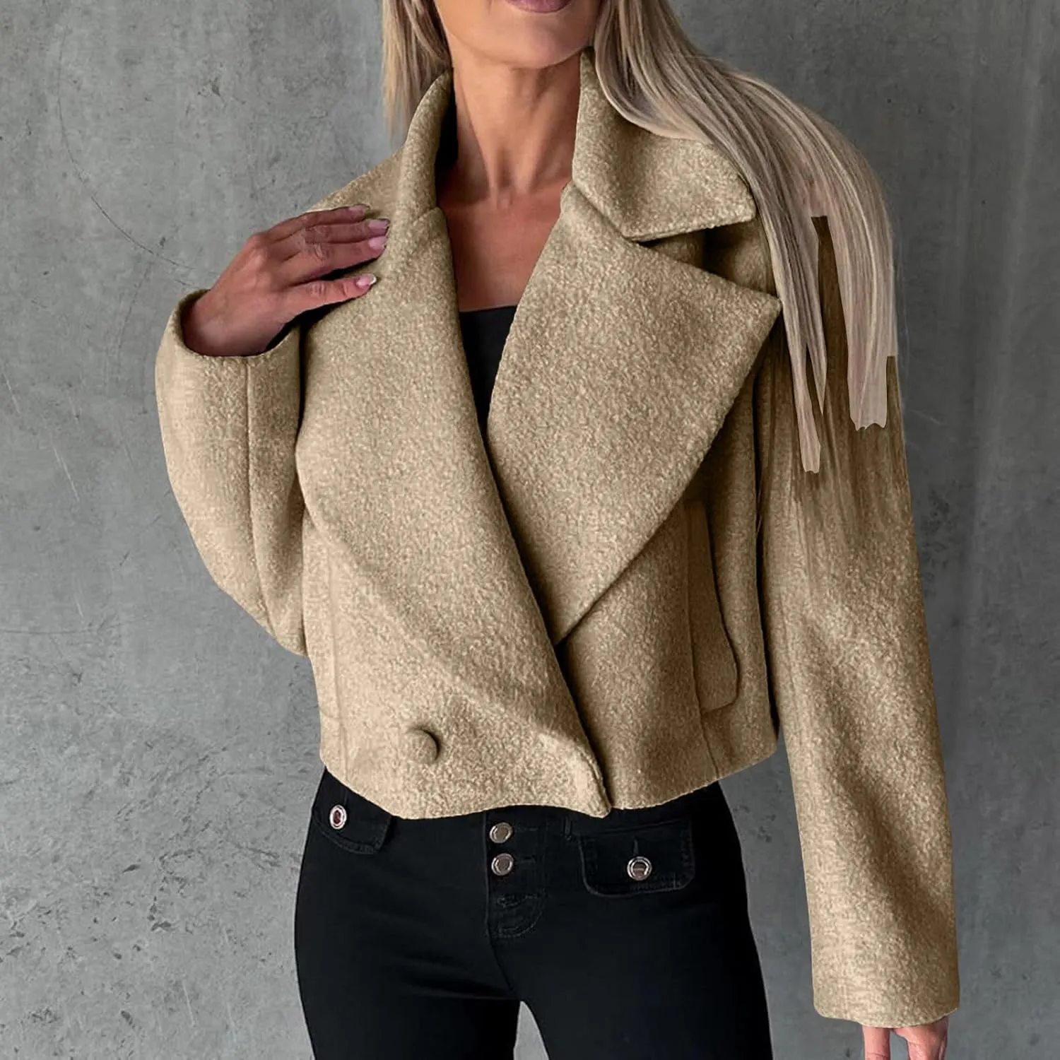 yardsong Cropped Pea Coat Women Wool Blend Notched Lapel Collar Long Sleeve Casual Jackets Fashion Long Sleeve Outwear