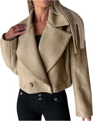 yardsong Cropped Pea Coat Women Wool Blend Notched Lapel Collar Long Sleeve Casual Jackets Fashion Long Sleeve Outwear
