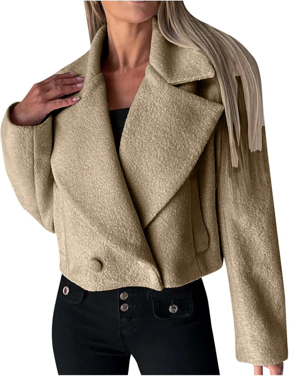 yardsong Cropped Pea Coat Women Wool Blend Notched Lapel Collar Long Sleeve Casual Jackets Fashion Long Sleeve Outwear