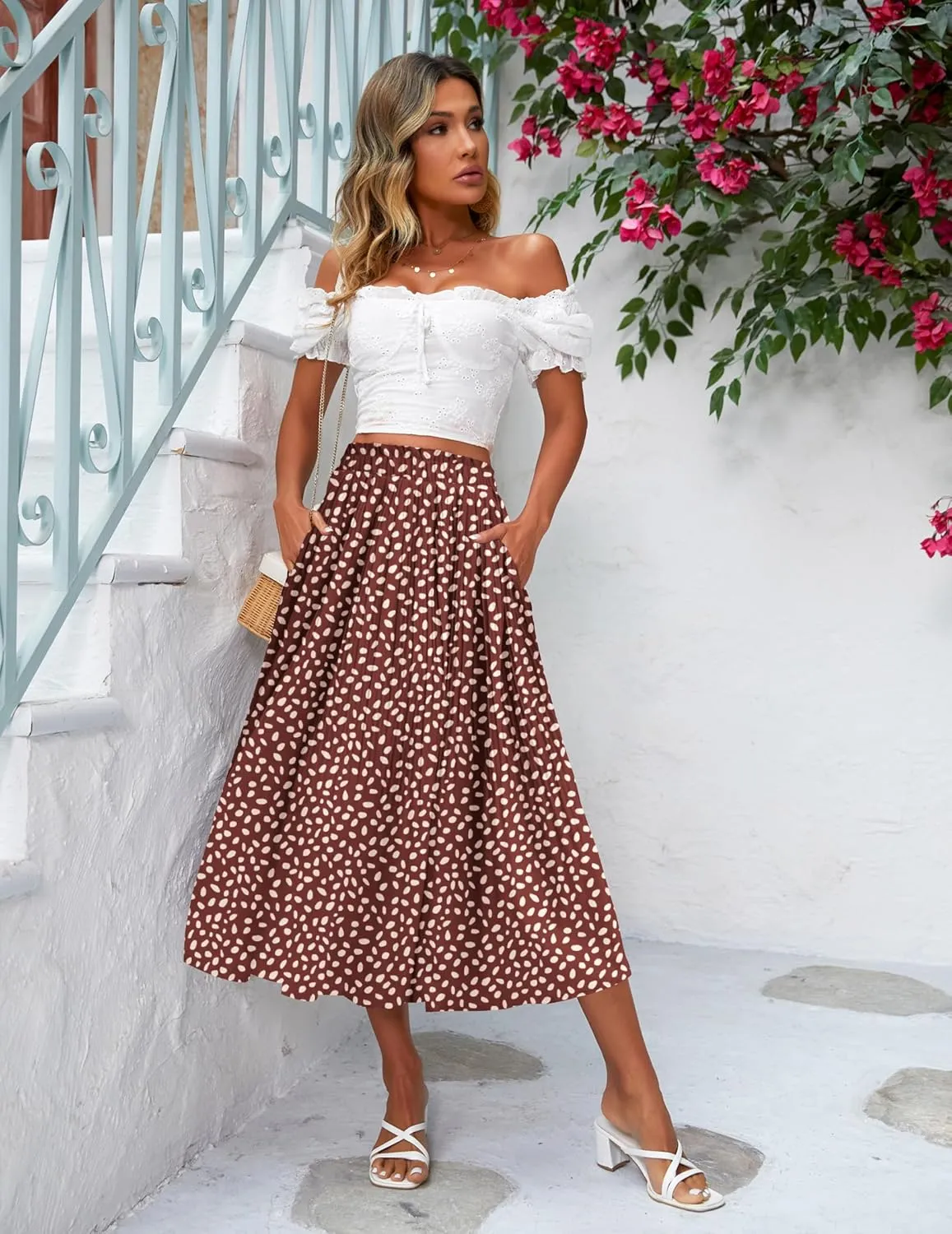 Zeagoo Women's Midi Skirts High Waisted Pleated A-Line Swing Skirts Summer Floral Long Skirts with Pockets