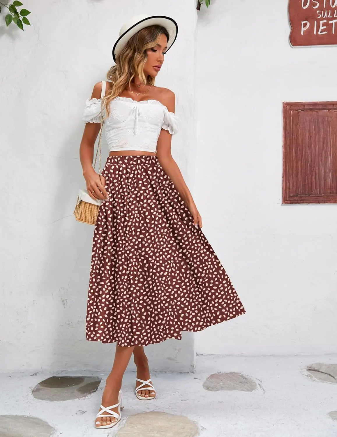Zeagoo Women's Midi Skirts High Waisted Pleated A-Line Swing Skirts Summer Floral Long Skirts with Pockets