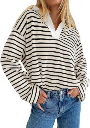 ZESICA Womens Striped Long Sleeve Tops Oversized Sweatshirt V Neck Loose Fit Tunic Tops Spring Casual Blouses