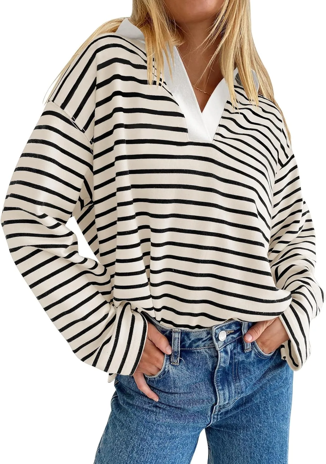 ZESICA Womens Striped Long Sleeve Tops Oversized Sweatshirt V Neck Loose Fit Tunic Tops Spring Casual Blouses
