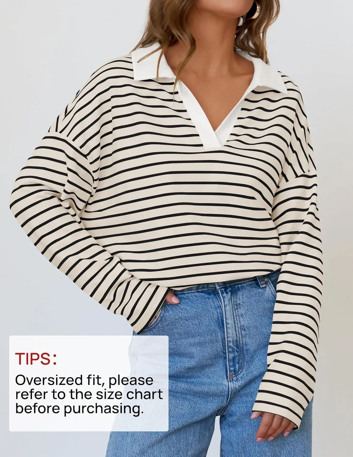 ZESICA Womens Striped Long Sleeve Tops Oversized Sweatshirt V Neck Loose Fit Tunic Tops Spring Casual Blouses
