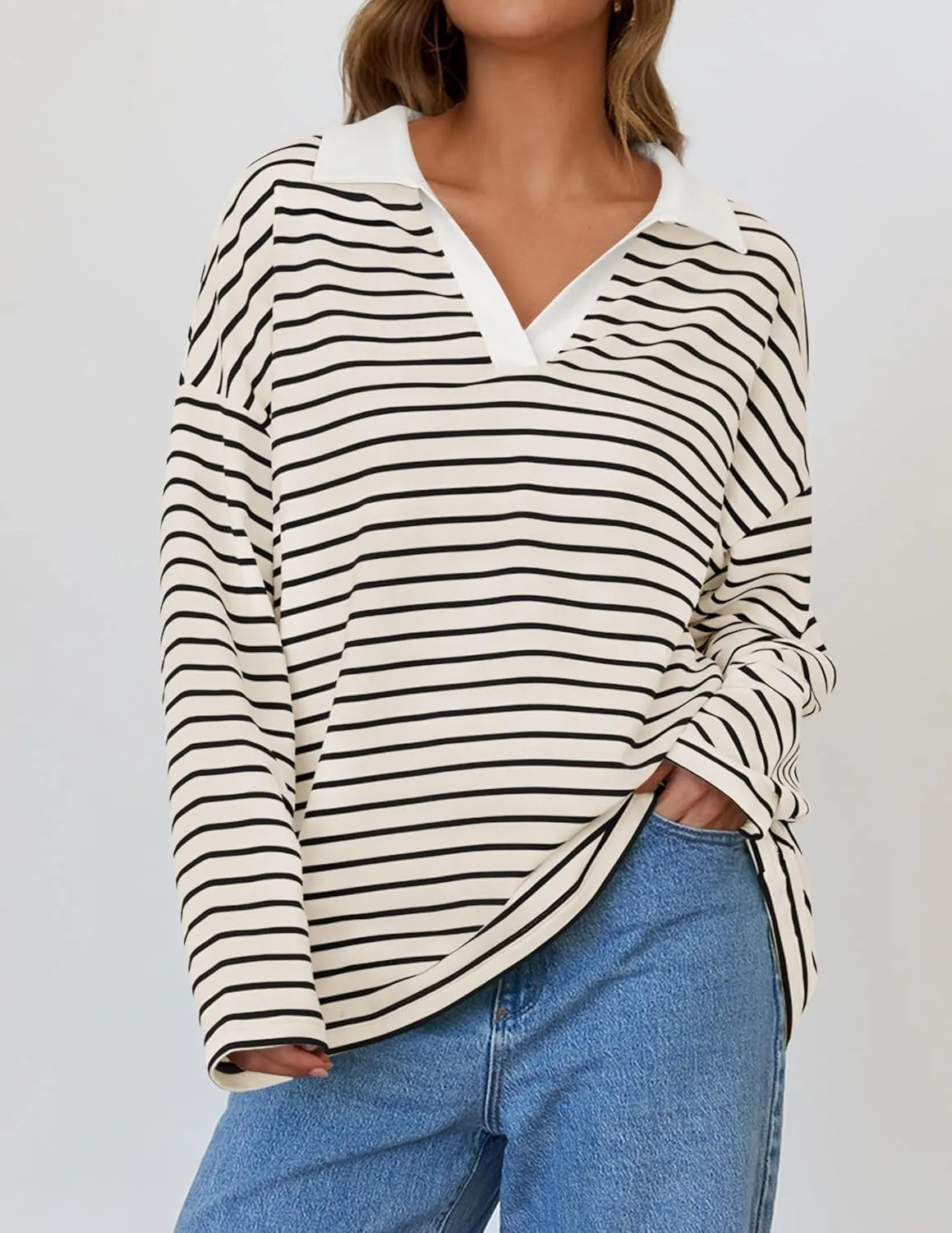 ZESICA Womens Striped Long Sleeve Tops Oversized Sweatshirt V Neck Loose Fit Tunic Tops Spring Casual Blouses