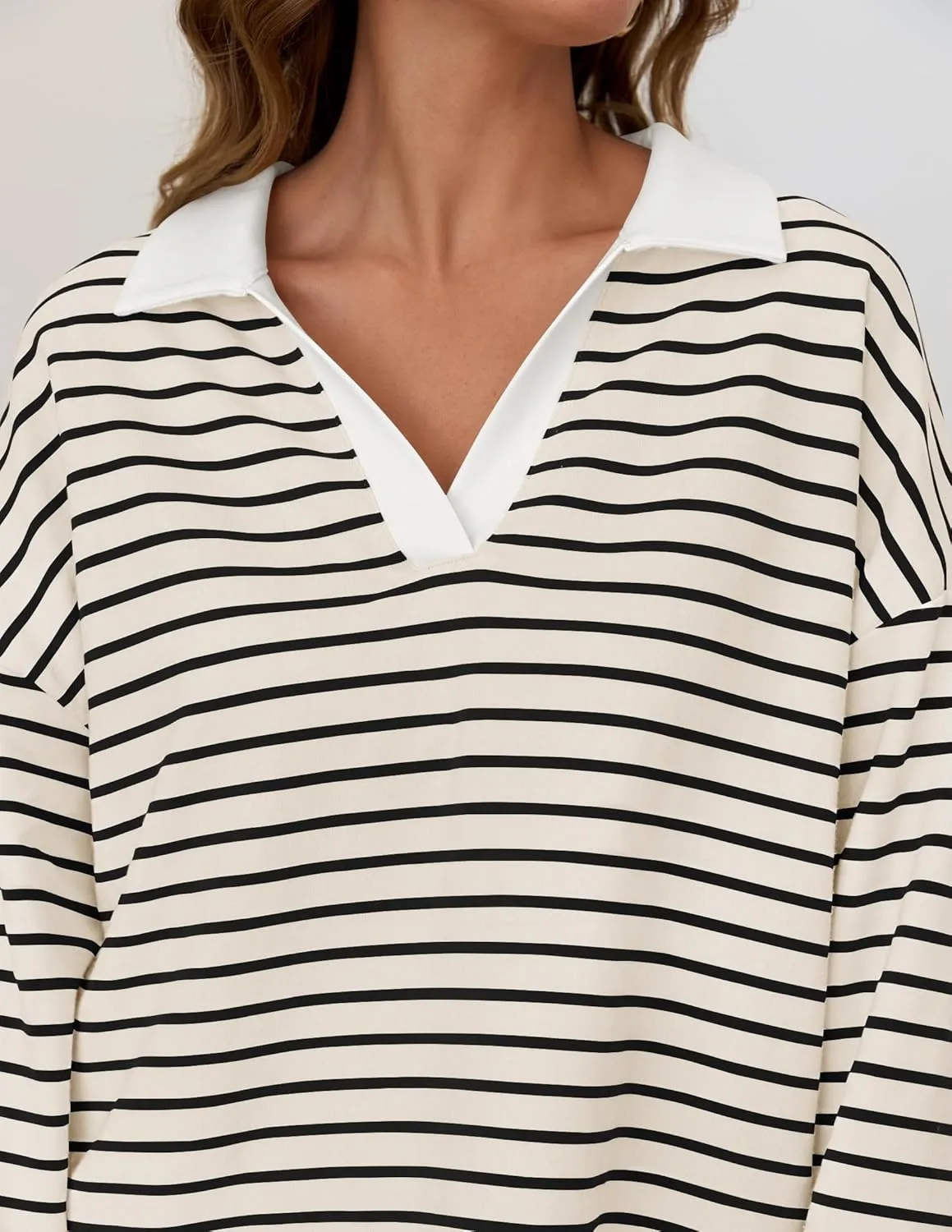 ZESICA Womens Striped Long Sleeve Tops Oversized Sweatshirt V Neck Loose Fit Tunic Tops Spring Casual Blouses