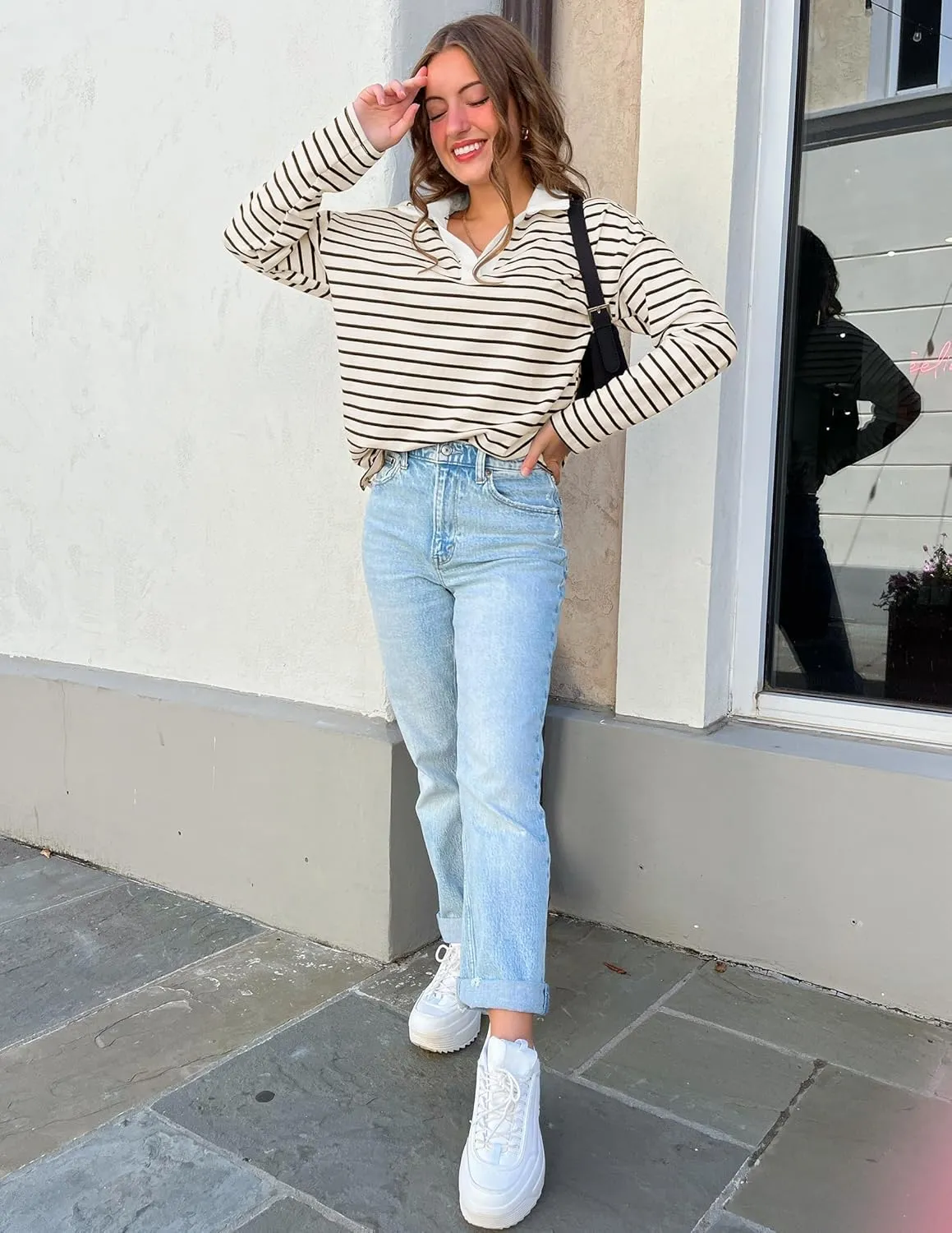 ZESICA Womens Striped Long Sleeve Tops Oversized Sweatshirt V Neck Loose Fit Tunic Tops Spring Casual Blouses