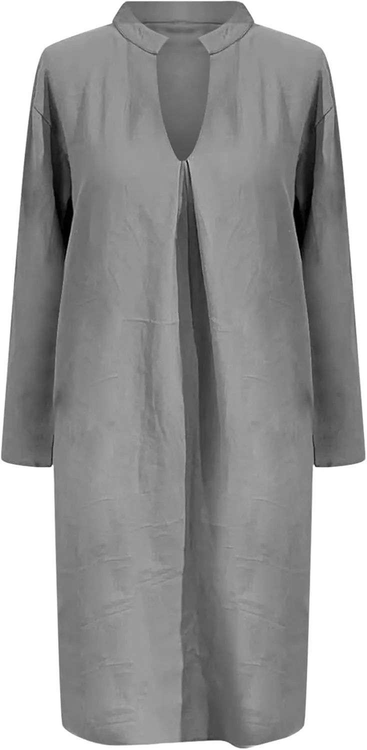 ZYXTIM Linen Dresses for Women 2025 Oversize Short Sleeve V Neck Casual Summer Dress Loose Lightweight Loungewear with Pocket