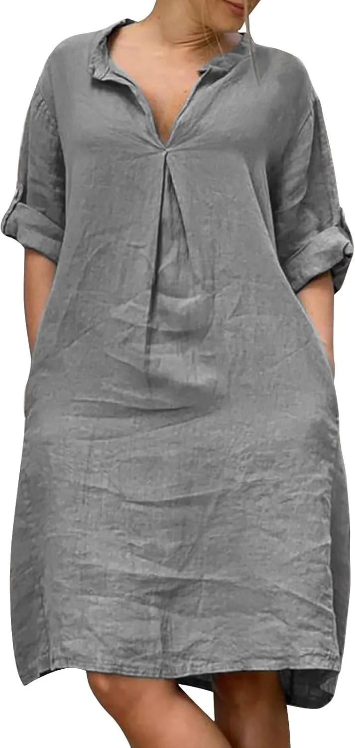 ZYXTIM Linen Dresses for Women 2025 Oversize Short Sleeve V Neck Casual Summer Dress Loose Lightweight Loungewear with Pocket